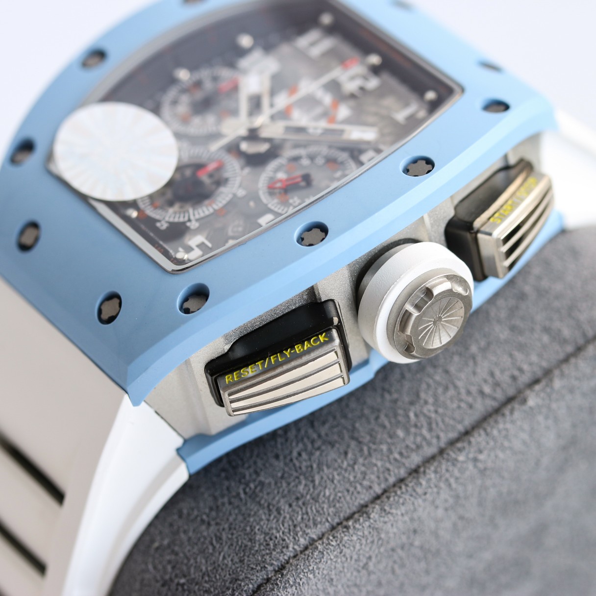 Richard Mille RM Series RM11-03 blue case white rubber strap side button detail view