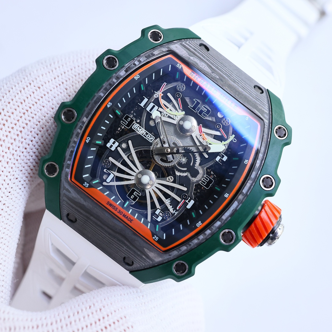 Richard Mille RM21-02 Tourbillon Aerodyne Carbon Fiber Green Bezel Perspective View