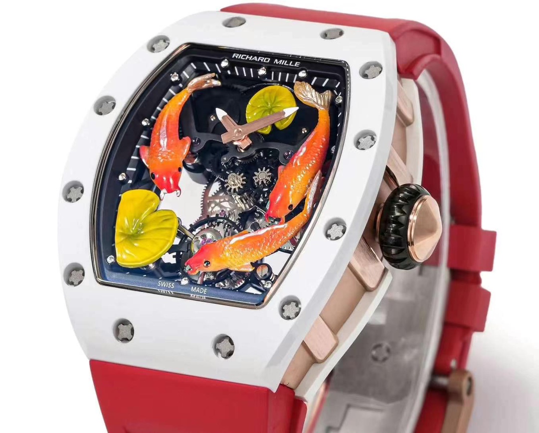Richard Mille RM S10 Koi Tourbillon Red Rubber Strap White Ceramic Case Side Angle Detail View