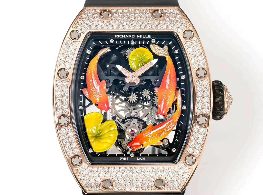 Richard Mille RM S10 Koi Tourbillon Rose Gold Diamond Skeleton Dial Front Detail