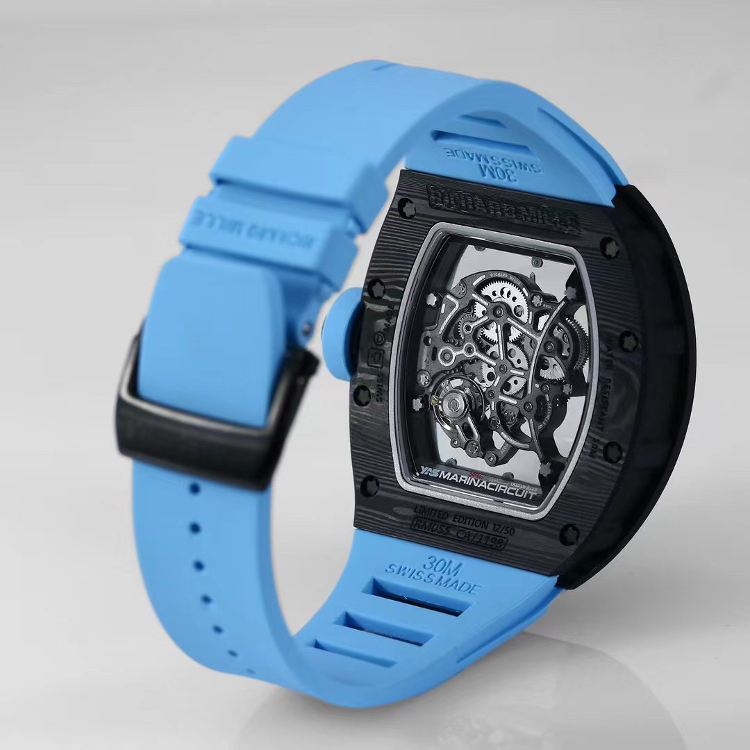 Richard Mille RM055 NTPT Carbon Black Case Light Blue Strap Skeleton Movement Caseback Angled View