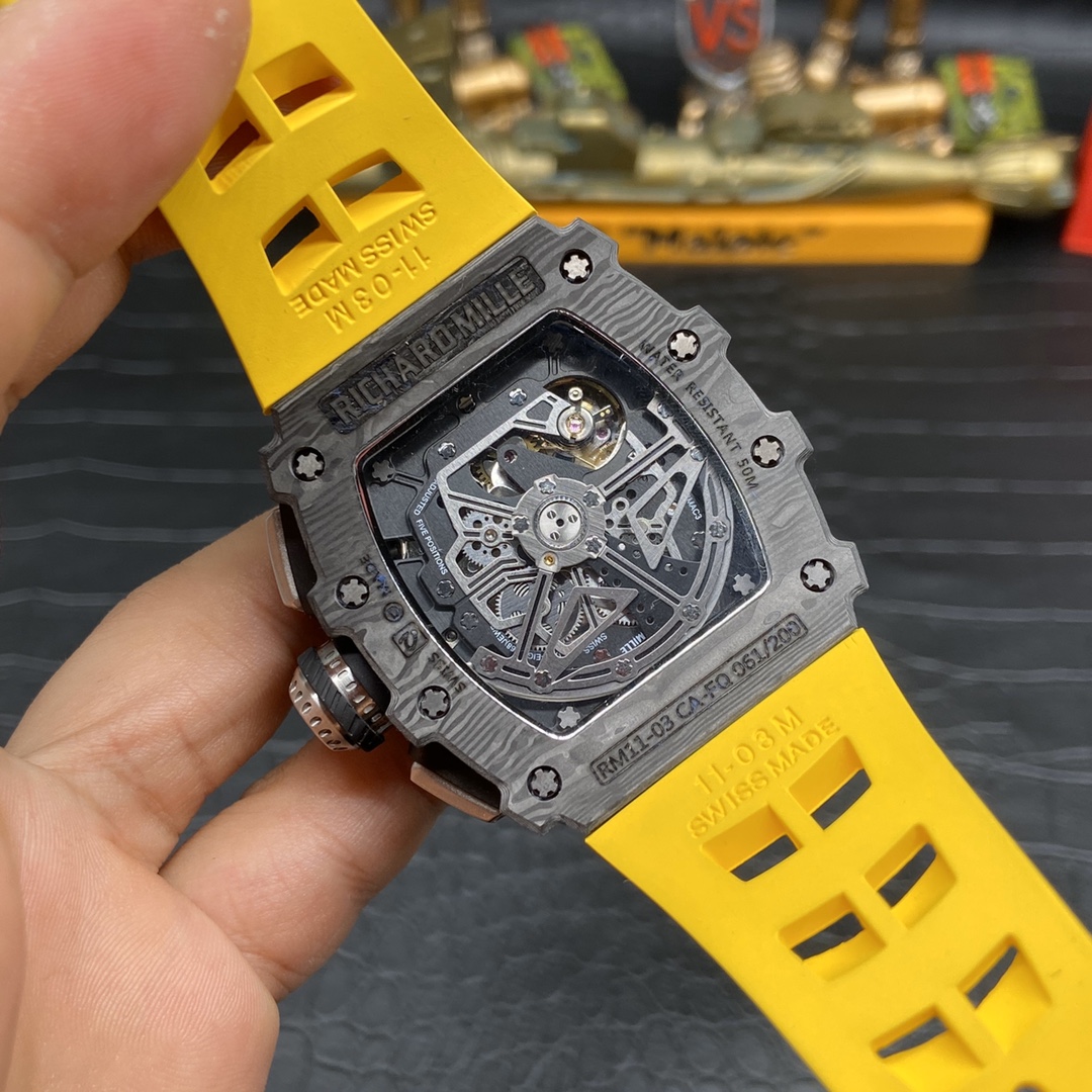 Richard Mille RM 011 Skeleton Dial Black Carbon Fiber Case Yellow Rubber Strap Back Movement View