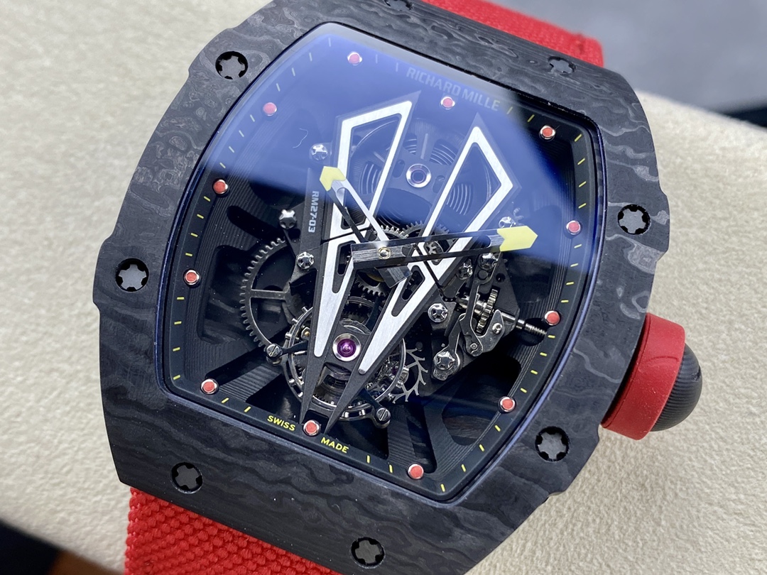Richard Mille RM Series RM 27-03 carbon fiber case red strap skeleton mechanical tourbillon watch front view