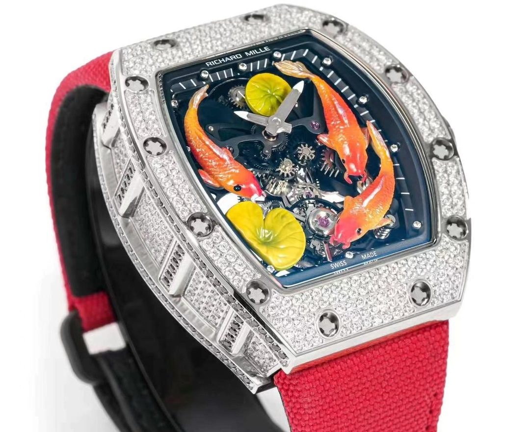 Richard Mille RM S10 Koi Tourbillon Diamond Case Skeleton Dial Red Black Nylon Strap Angled Perspective View
