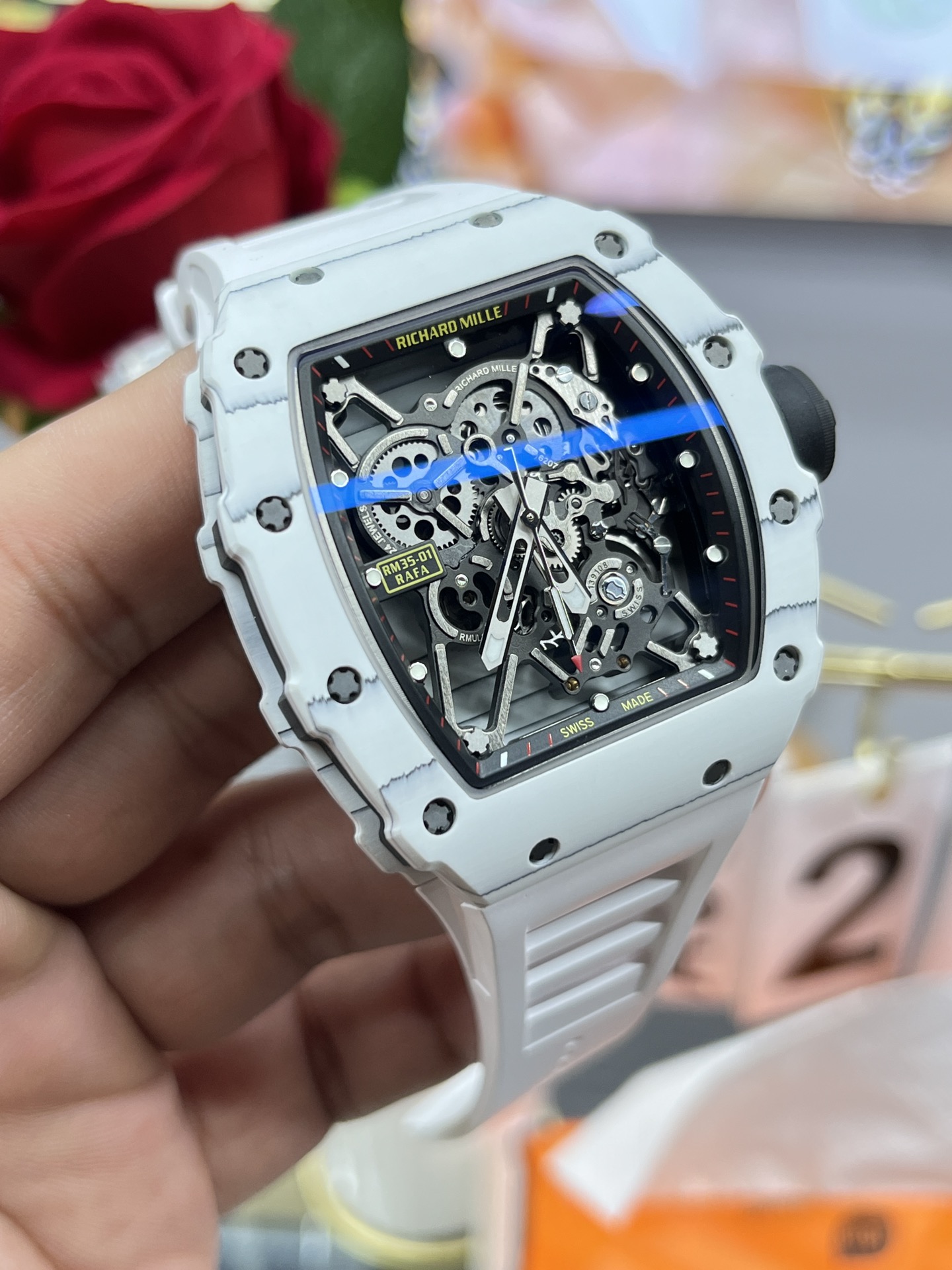 Richard Mille RM35-01 White Carbon Case Black Skeleton Dial White Rubber Strap Angled Case Side View