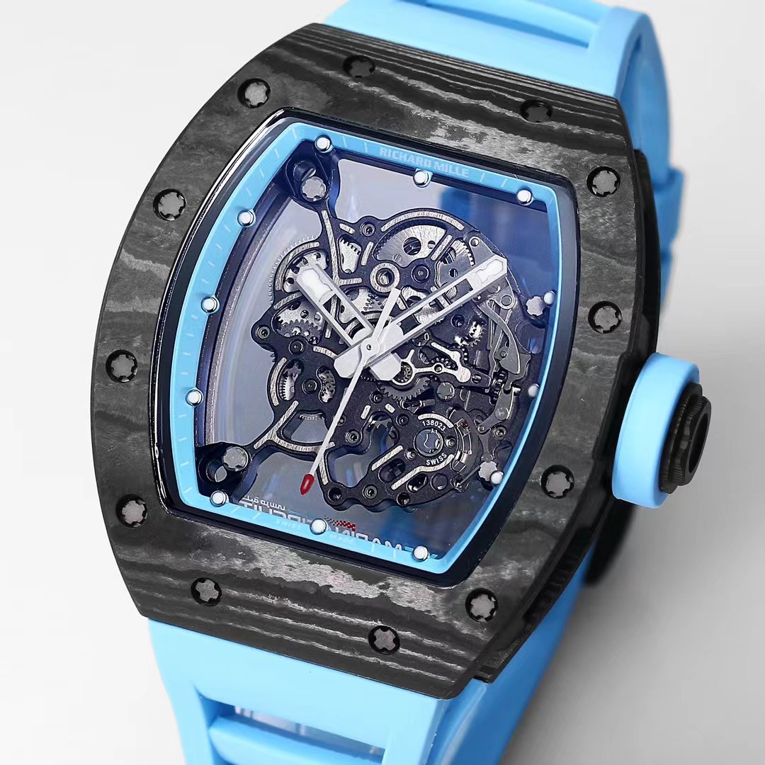 Richard Mille RM055 NTPT Carbon Black Case Light Blue Strap Skeleton Dial Angled View