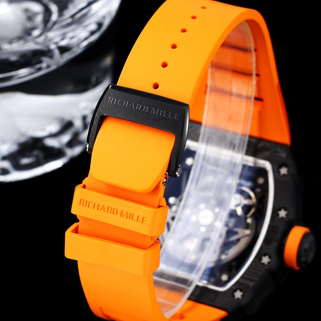 Richard Mille RM35-02 Carbon Case Black Orange Rubber Strap Clasp Detail View