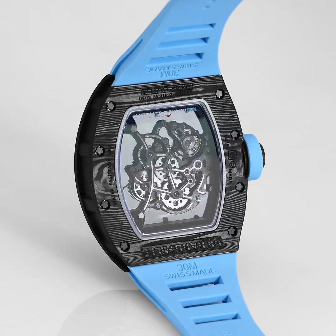 Richard Mille RM055 Black NTPT Carbon Light Blue Strap Skeleton Movement Exhibition Caseback Detail View