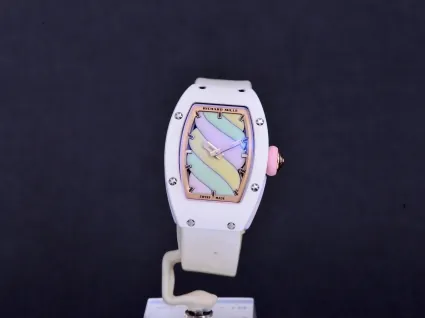 Richard Mille RM 07-03 Replica, White Ceramic Case Pastel Swirl Dial White Rubber Strap Luxury Ladies Wristwatch Front View