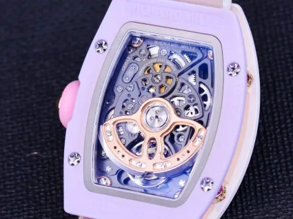 Richard Mille RM 07-03 Replica, White Ceramic Case Pastel Swirl Dial White Rubber Strap Luxury Ladies Wristwatch Back View 2