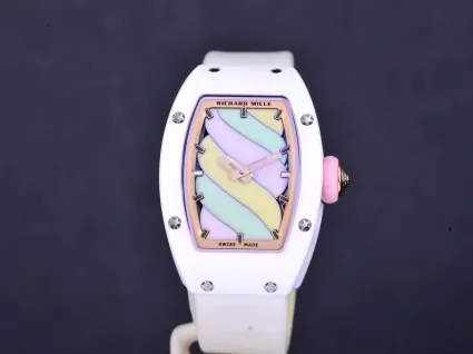 Richard Mille RM 07-03 Replica, White Ceramic Case Pastel Swirl Dial White Rubber Strap Luxury Ladies Wristwatch Front View 2