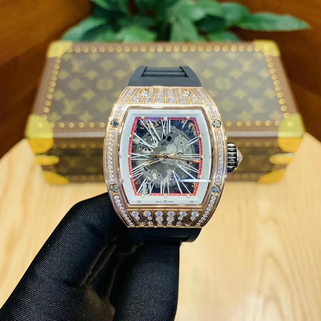 Richard Mille RM 023 Replica, Rose Gold Diamond-Set Case Skeleton Dial Black Rubber Strap Luxury Automatic Sports Wristwatch Front View 1