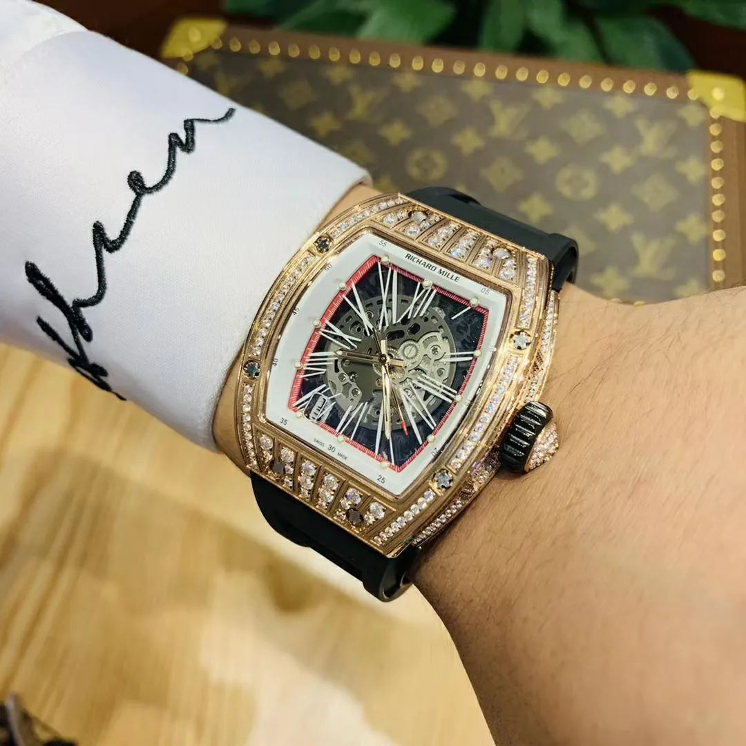 Richard Mille RM 023 Replica, Rose Gold Diamond-Set Case Skeleton Dial Black Rubber Strap Luxury Automatic Sports Wristwatch Wearing Effect 2