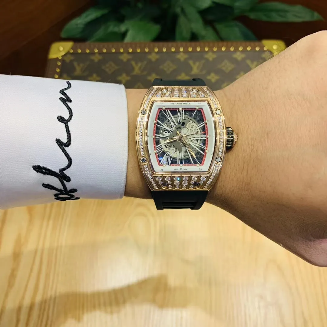 Richard Mille RM 023 Replica, Rose Gold Diamond-Set Case Skeleton Dial Black Rubber Strap Luxury Automatic Sports Wristwatch Wearing Effect 1