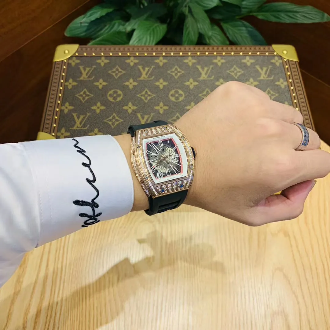 Richard Mille RM 023 Replica, Rose Gold Diamond-Set Case Skeleton Dial Black Rubber Strap Luxury Automatic Sports Wristwatch Wearing Effect 3