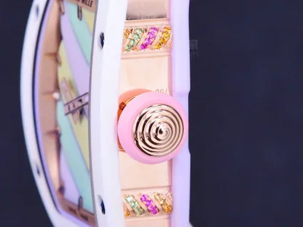 Richard Mille RM 07-03 Replica, White Ceramic Case Pastel Swirl Dial White Rubber Strap Luxury Ladies Wristwatch Left View 2