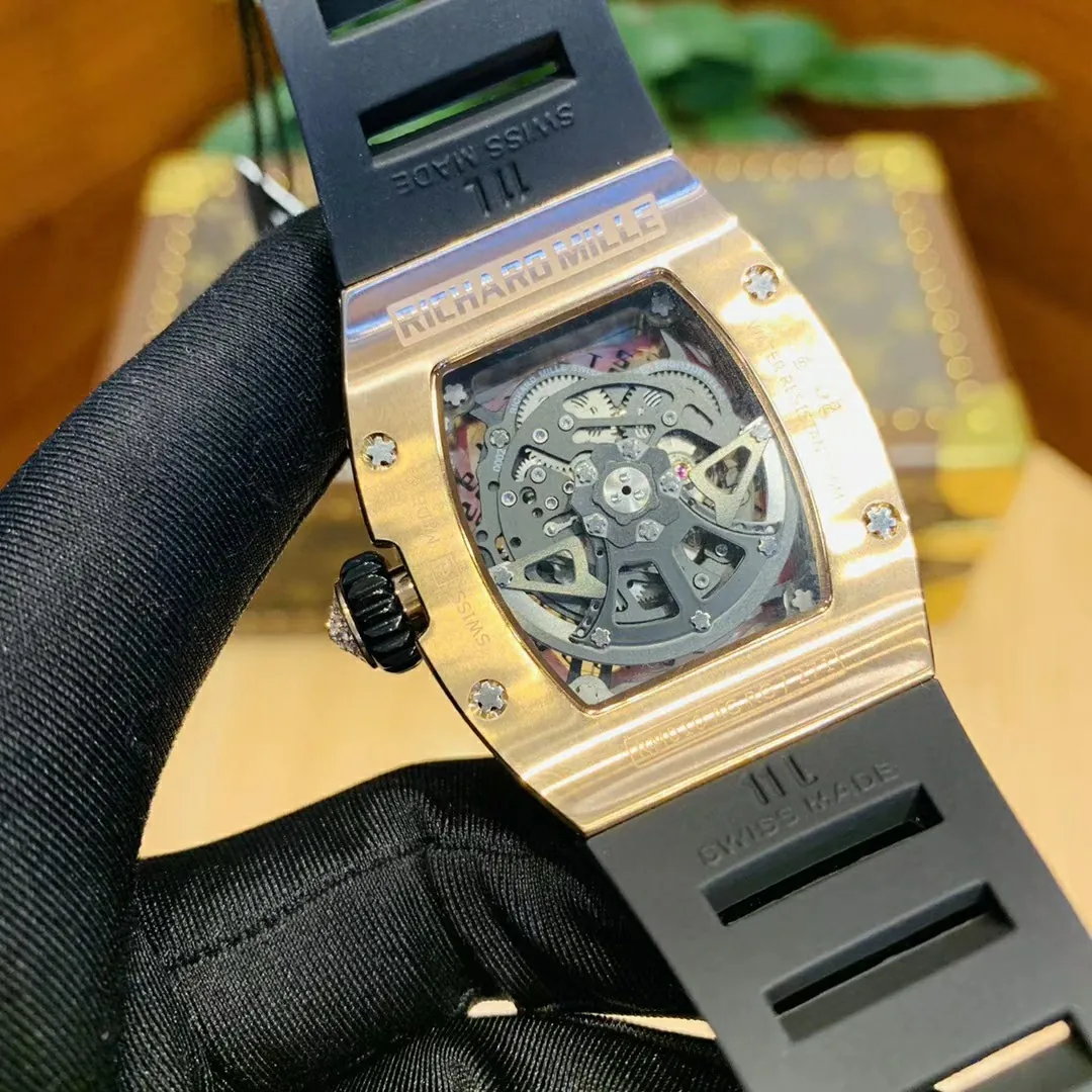 Richard Mille RM 023 Replica, Rose Gold Diamond-Set Case Skeleton Dial Black Rubber Strap Luxury Automatic Sports Wristwatch Back View