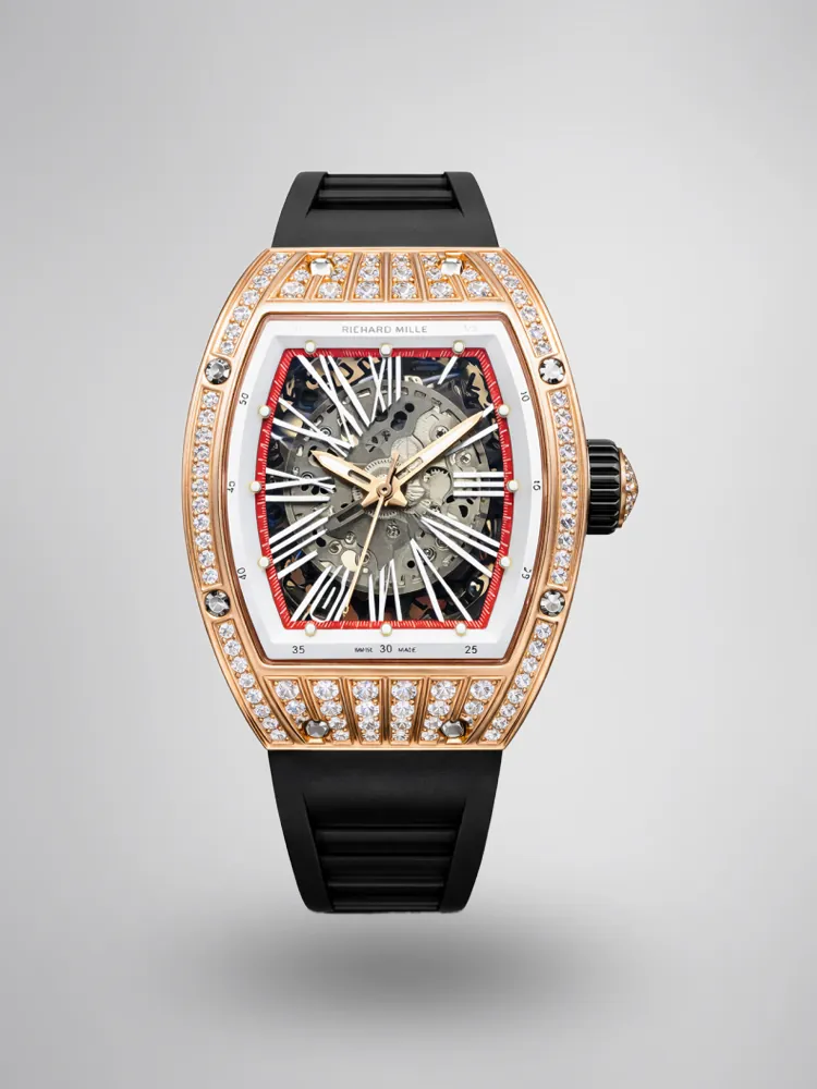 Richard Mille RM 023 Replica, Rose Gold Diamond-Set Case Skeleton Dial Black Rubber Strap Luxury Automatic Sports Wristwatch First Image