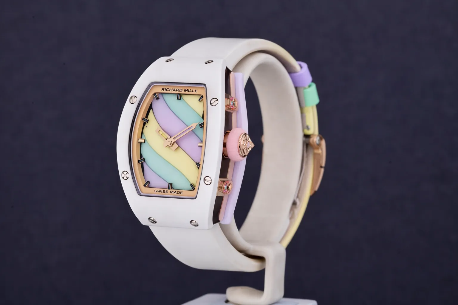 Richard Mille RM 07-03 Replica, White Ceramic Case Pastel Swirl Dial White Rubber Strap Luxury Ladies Wristwatch Side View 1