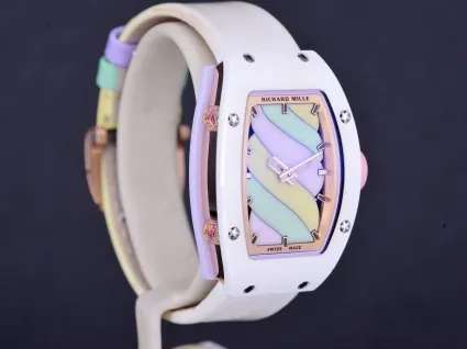 Richard Mille RM 07-03 Replica, White Ceramic Case Pastel Swirl Dial White Rubber Strap Luxury Ladies Wristwatch Side View 3