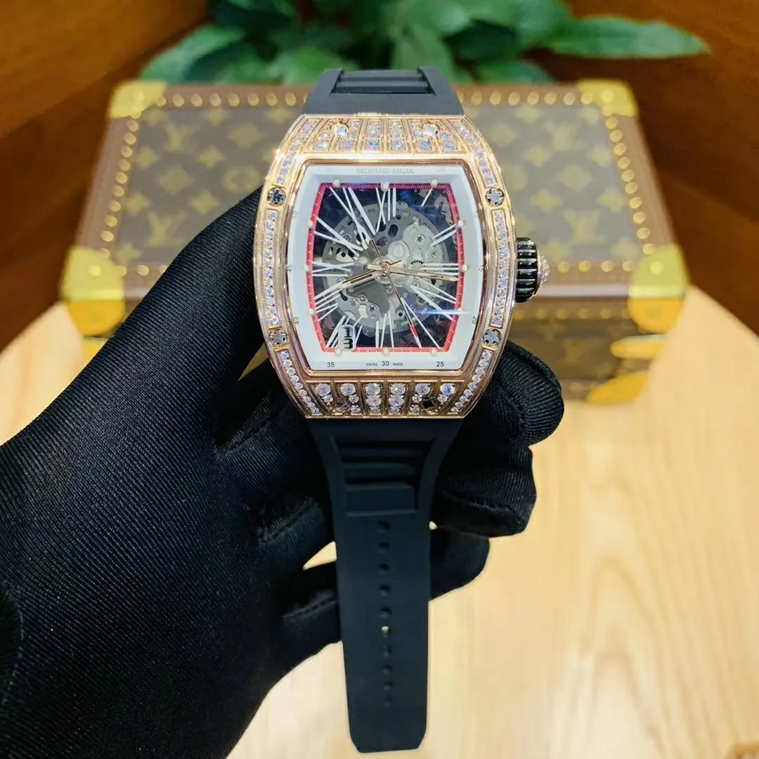 Richard Mille RM 023 Replica, Rose Gold Diamond-Set Case Skeleton Dial Black Rubber Strap Luxury Automatic Sports Wristwatch Front View 2