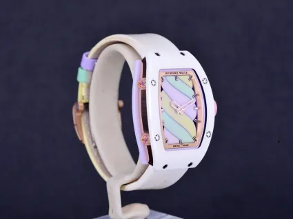 Richard Mille RM 07-03 Replica, White Ceramic Case Pastel Swirl Dial White Rubber Strap Luxury Ladies Wristwatch Side View 2
