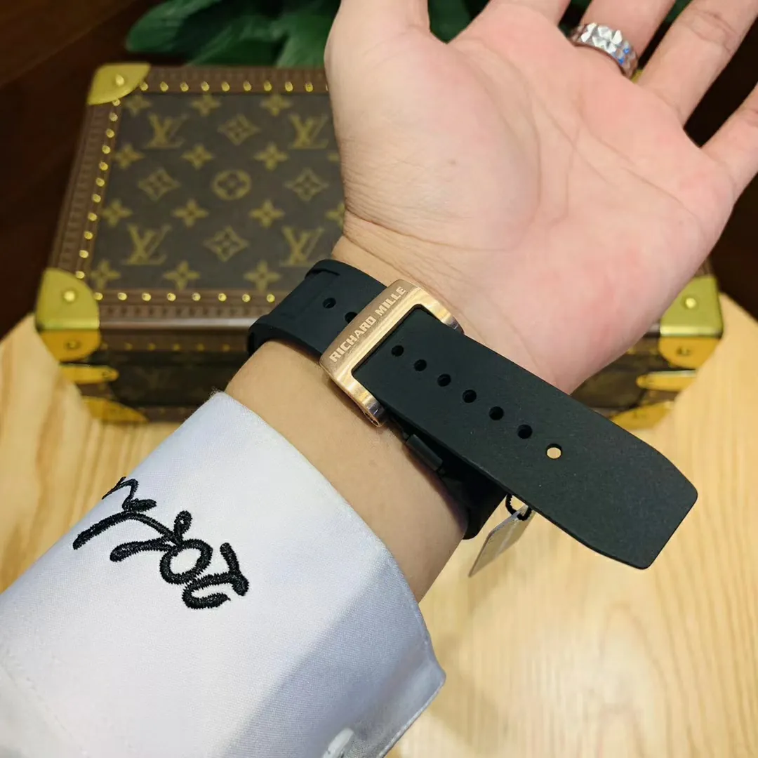 Richard Mille RM 023 Replica, Rose Gold Diamond-Set Case Skeleton Dial Black Rubber Strap Luxury Automatic Sports Wristwatch Strap
