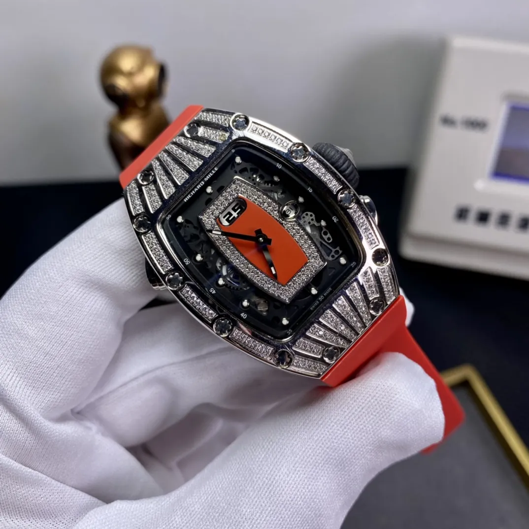 Richard Mille RM 037 Replica Diamond-Set Case  Red Rubber Strap Luxury Ladies Wristwatch Side View 1