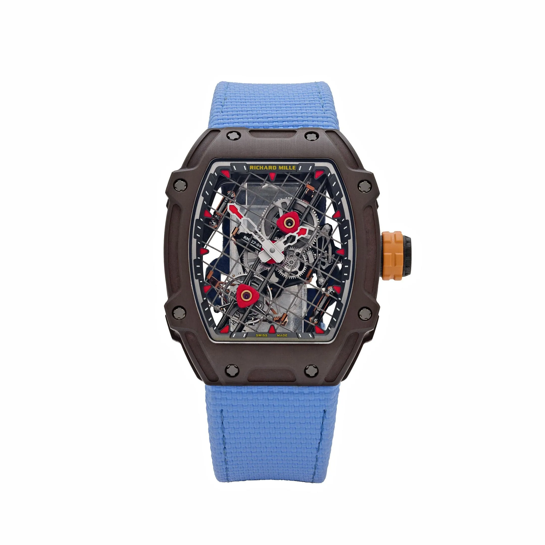 Richard Mille RM 27-04 Replica, Brown Carbon Case Skeleton Grid Dial Blue Nylon Strap Luxury Sports Wristwatch Front View