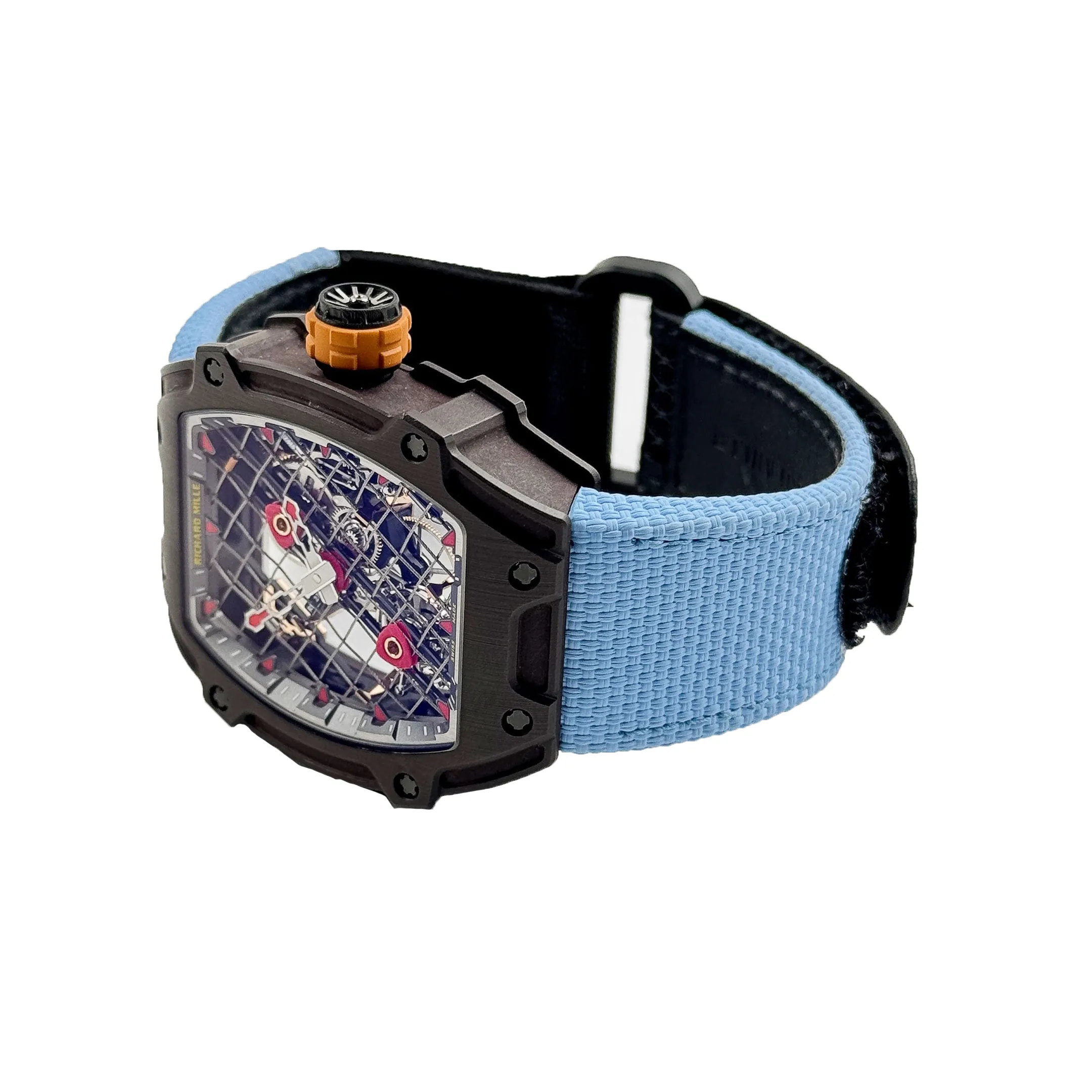 Richard Mille RM 27-04 Replica, Brown Carbon Case Skeleton Grid Dial Blue Nylon Strap Luxury Sports Wristwatch Overall Image 1