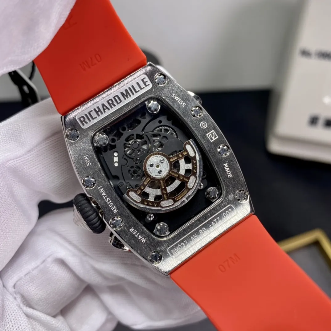 Richard Mille RM 037 Replica Diamond-Set Case  Red Rubber Strap Luxury Ladies Wristwatch Back View