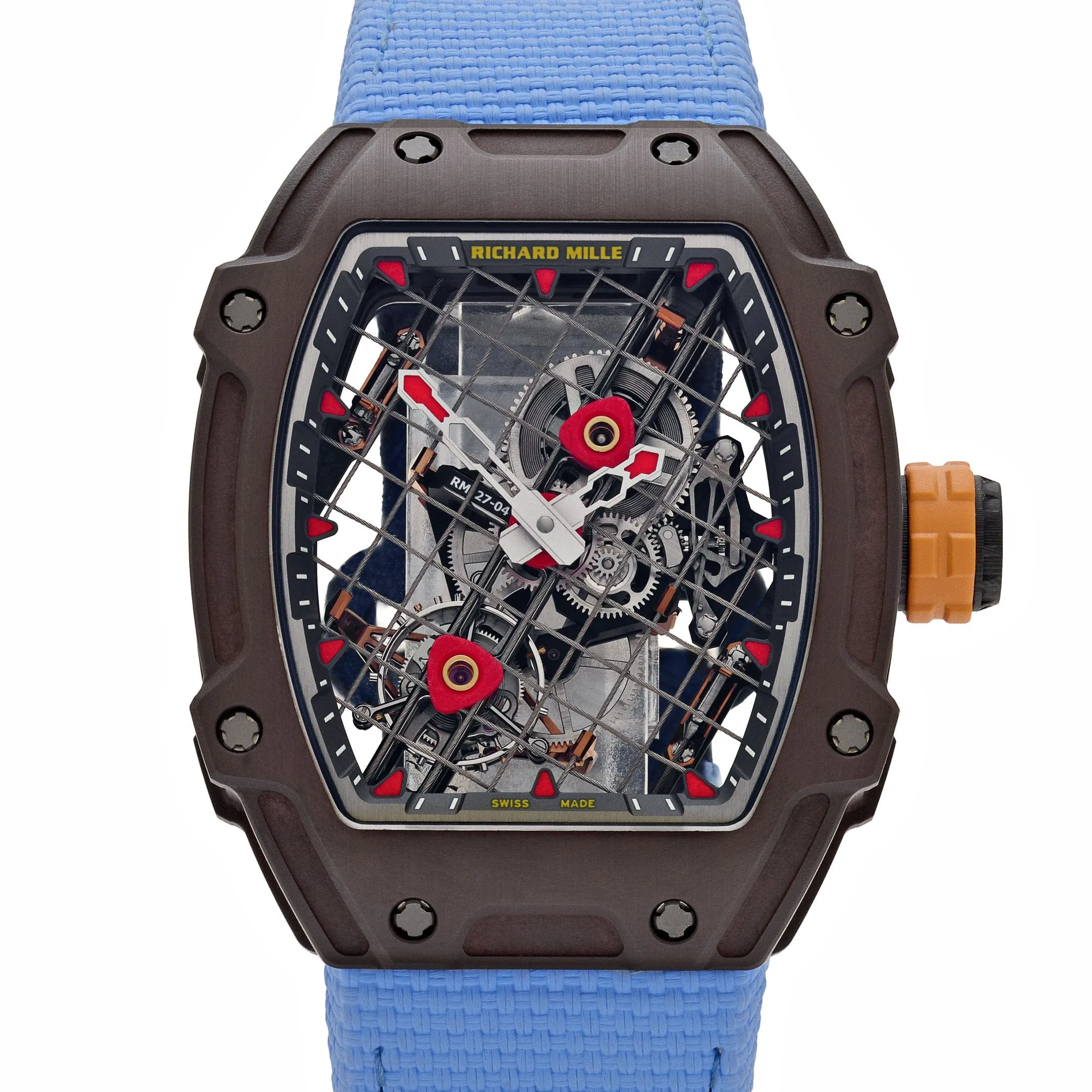 Richard Mille RM 27-04 Replica, Brown Carbon Case Skeleton Grid Dial Blue Nylon Strap Luxury Sports Wristwatch Dial Detail