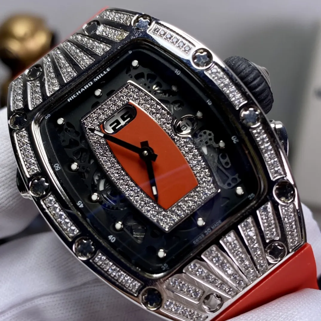 Richard Mille RM 037 Replica Diamond-Set Case  Red Rubber Strap Luxury Ladies Wristwatch Dial Detail