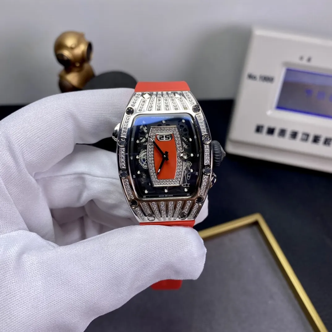 Richard Mille RM 037 Replica Diamond-Set Case  Red Rubber Strap Luxury Ladies Wristwatch Front View