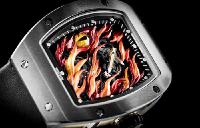 Richard Mille RM 26-02 Replica Black Case Flame Dragon Eye Skeleton Dial Luxury Sports Wristwatch Dial Detail 1