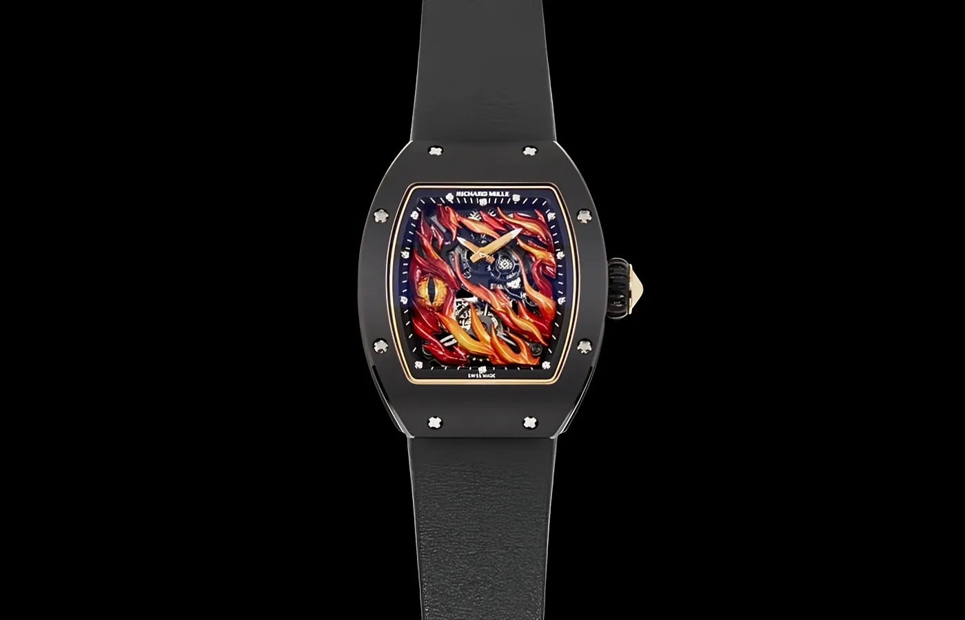 Richard Mille RM 26-02 Replica Black Case Flame Dragon Eye Skeleton Dial Luxury Sports Wristwatch Front View