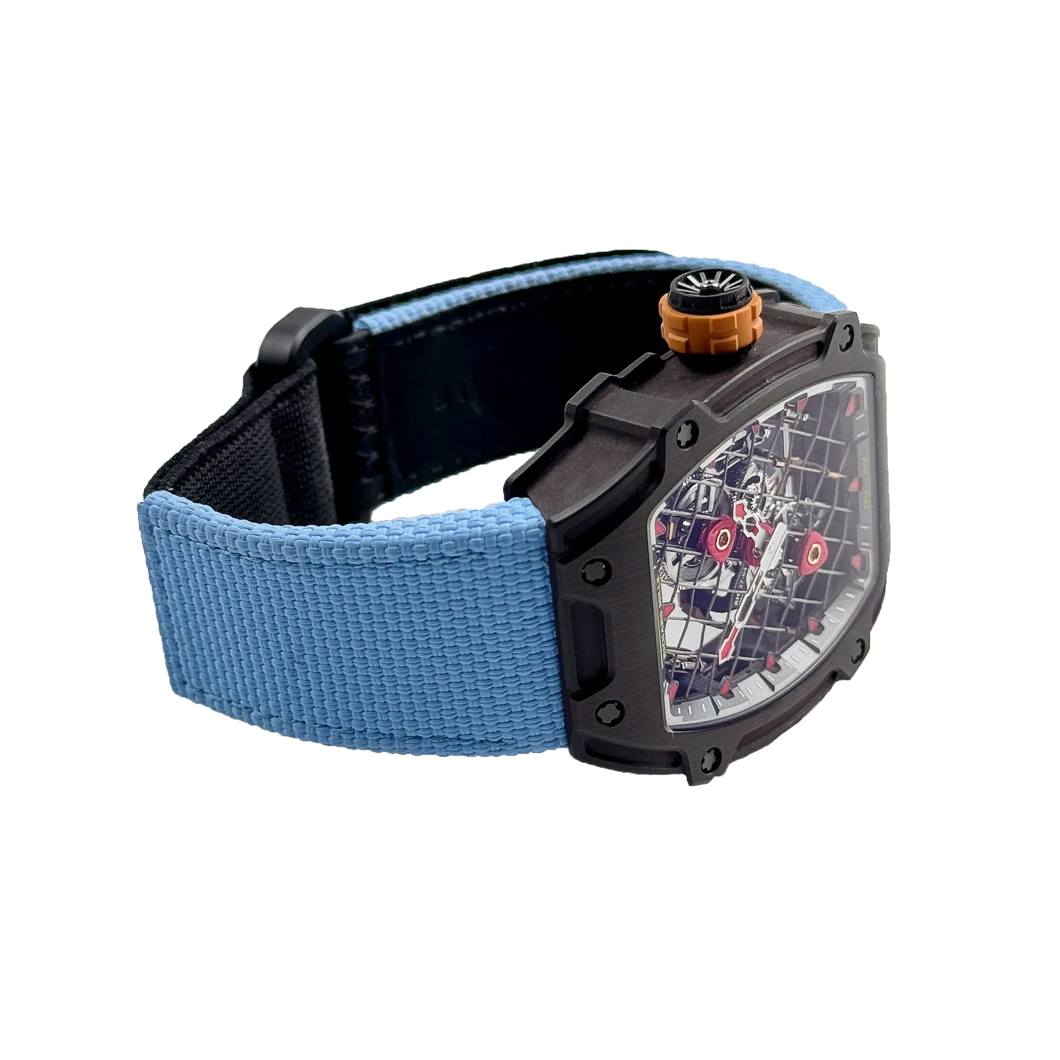 Richard Mille RM 27-04 Replica, Brown Carbon Case Skeleton Grid Dial Blue Nylon Strap Luxury Sports Wristwatch Overall Image 2