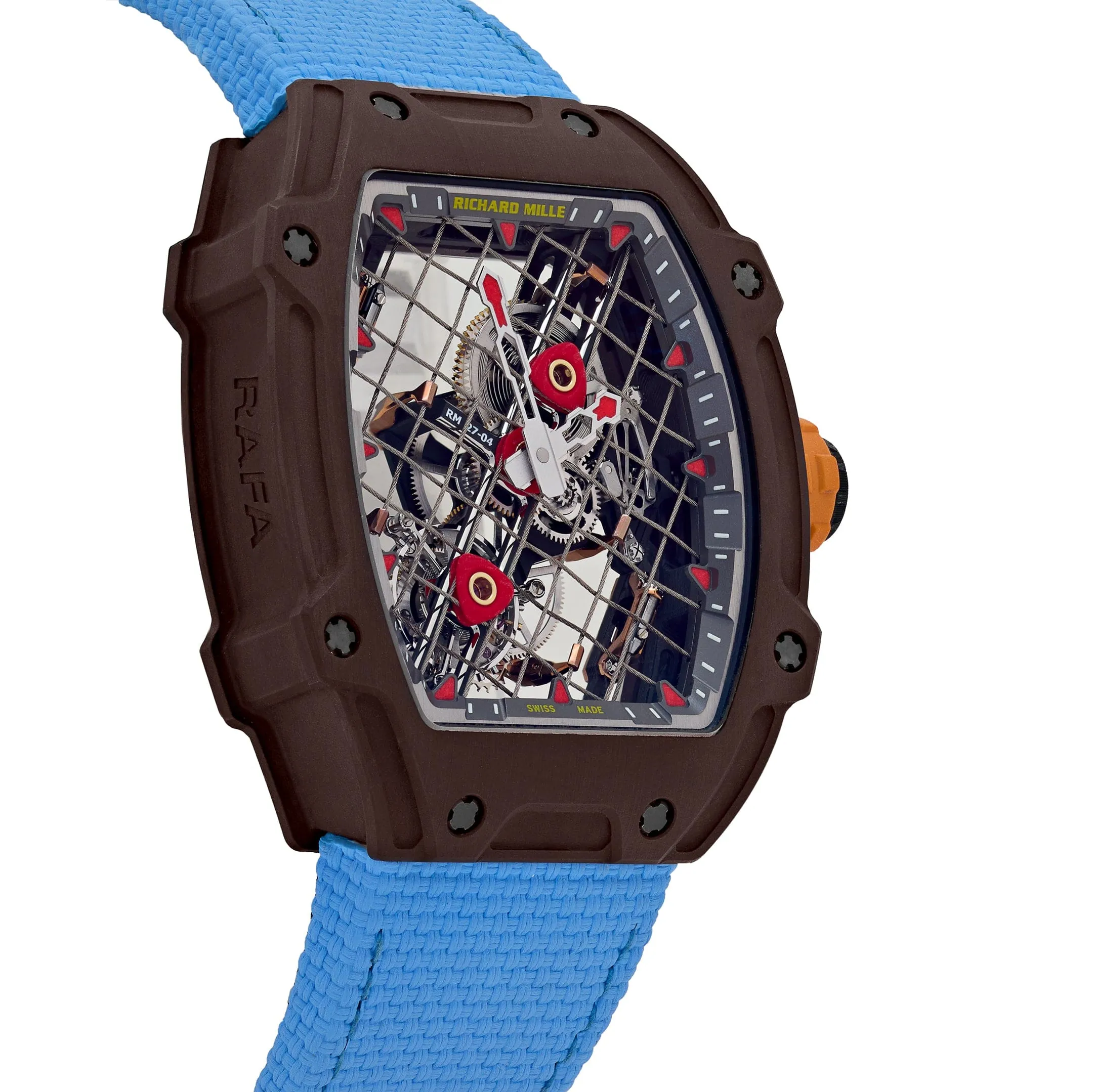 Richard Mille RM 27-04 Replica, Brown Carbon Case Skeleton Grid Dial Blue Nylon Strap Luxury Sports Wristwatch Left View