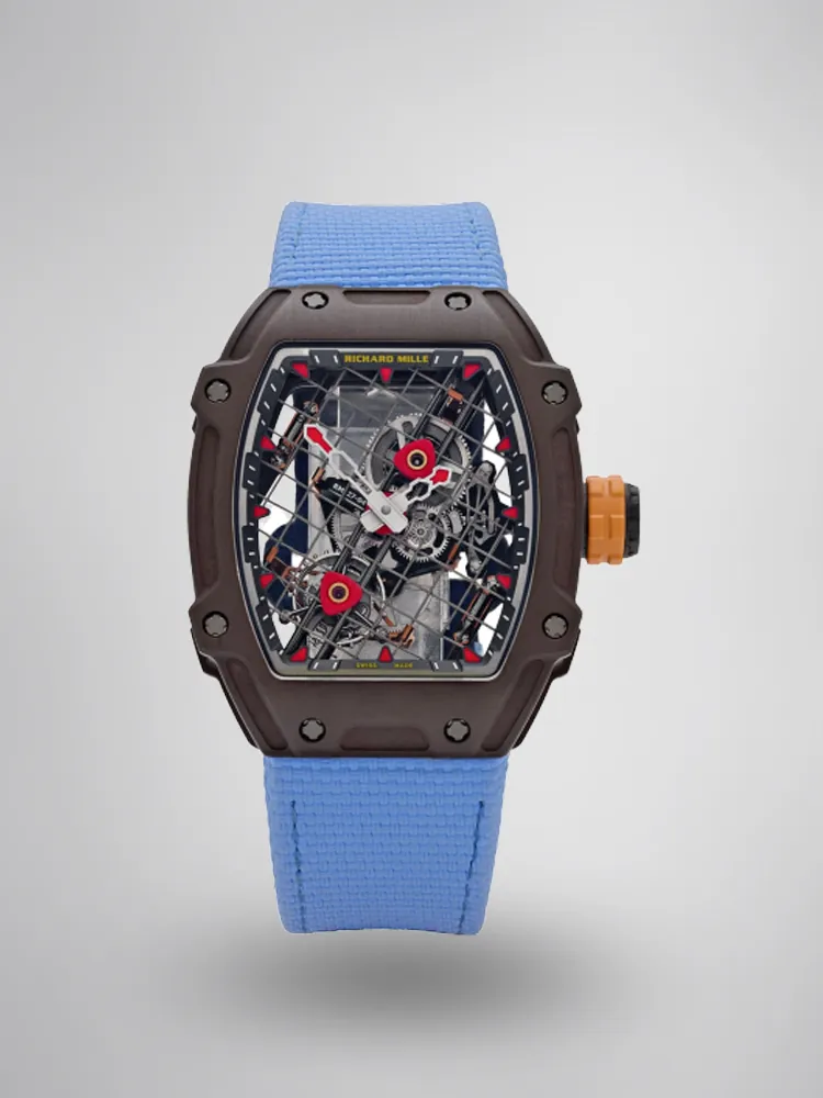 Richard Mille RM 27-04 Replica, Brown Carbon Case Skeleton Grid Dial Blue Nylon Strap Luxury Sports Wristwatch First Image