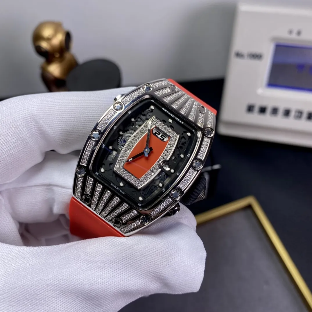 Richard Mille RM 037 Replica Diamond-Set Case  Red Rubber Strap Luxury Ladies Wristwatch Side View 2