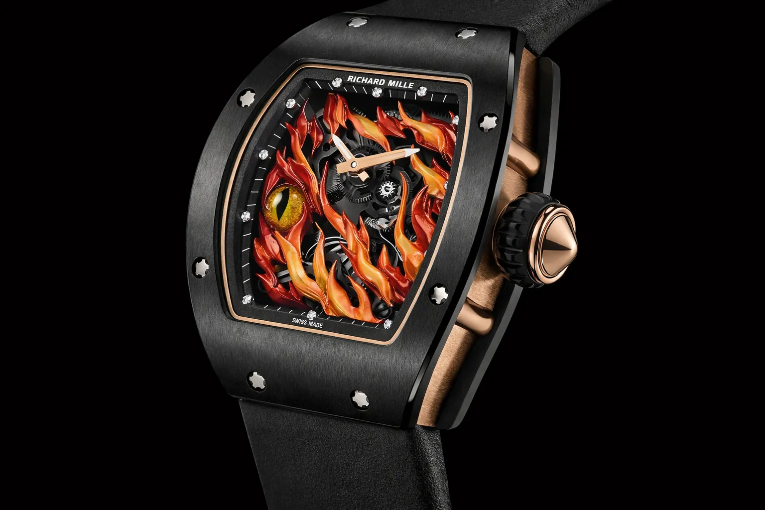 Richard Mille RM 26-02 Replica Black Case Flame Dragon Eye Skeleton Dial Luxury Sports Wristwatch Side View