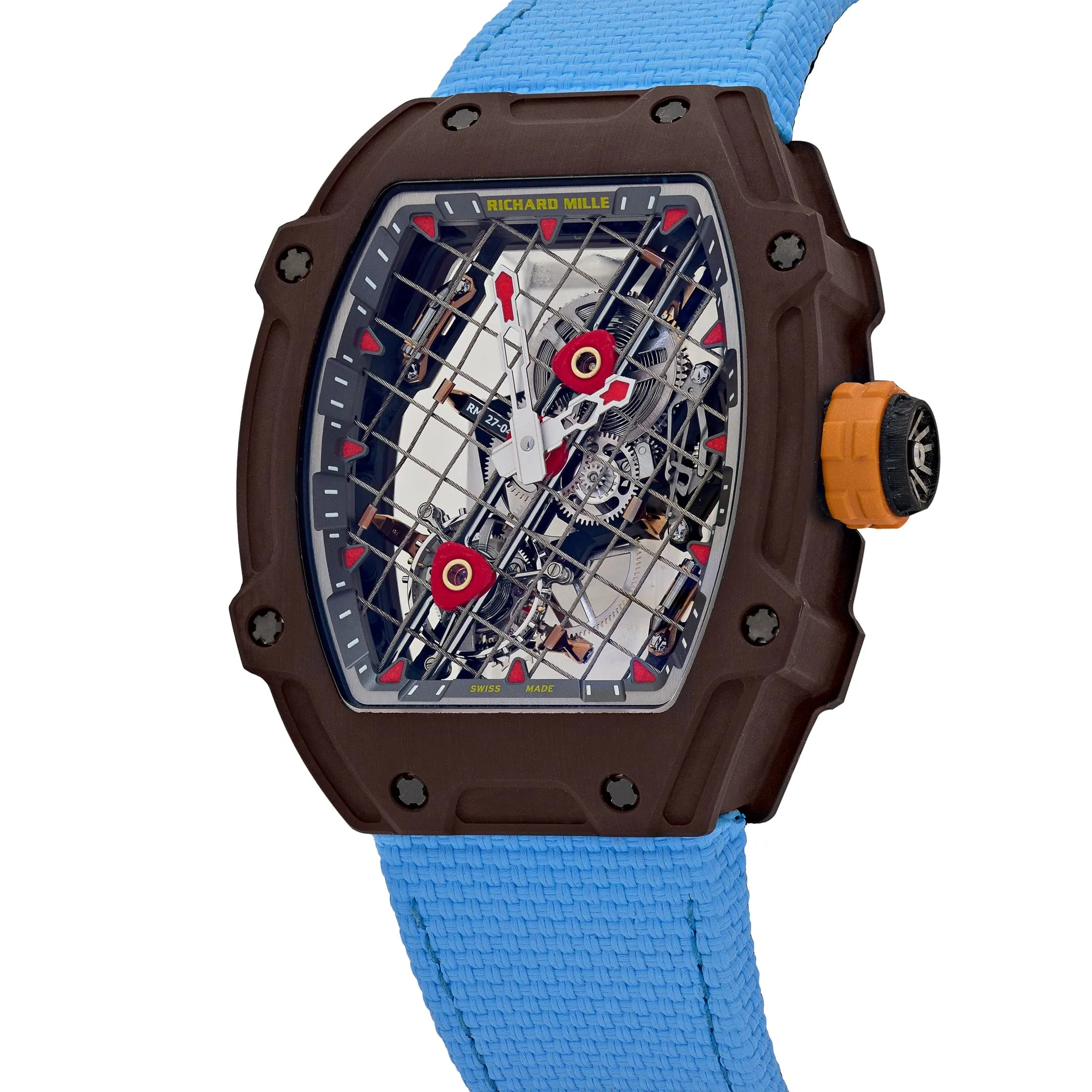 Richard Mille RM 27-04 Replica, Brown Carbon Case Skeleton Grid Dial Blue Nylon Strap Luxury Sports Wristwatch Right View