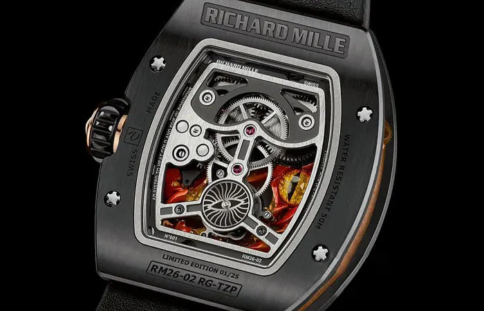 Richard Mille RM 26-02 Replica Black Case Flame Dragon Eye Skeleton Dial Luxury Sports Wristwatch Back View