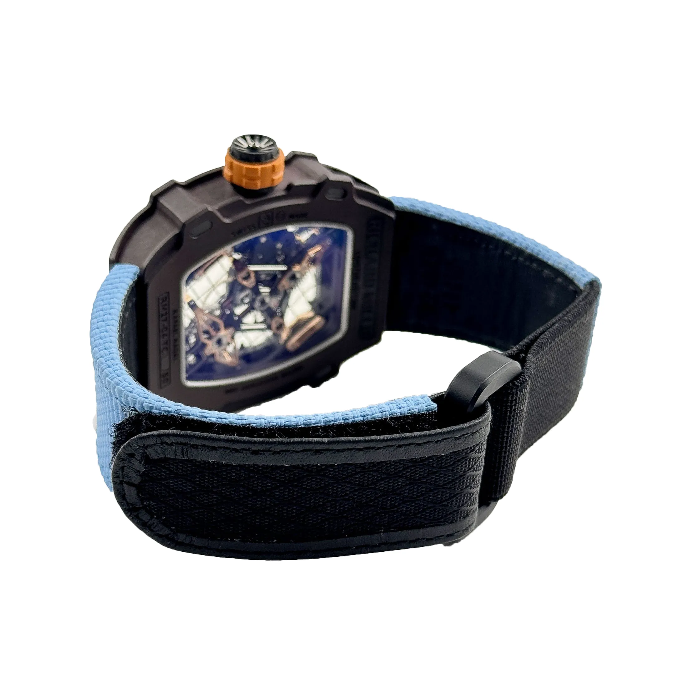 Richard Mille RM 27-04 Replica, Brown Carbon Case Skeleton Grid Dial Blue Nylon Strap Luxury Sports Wristwatch Strap
