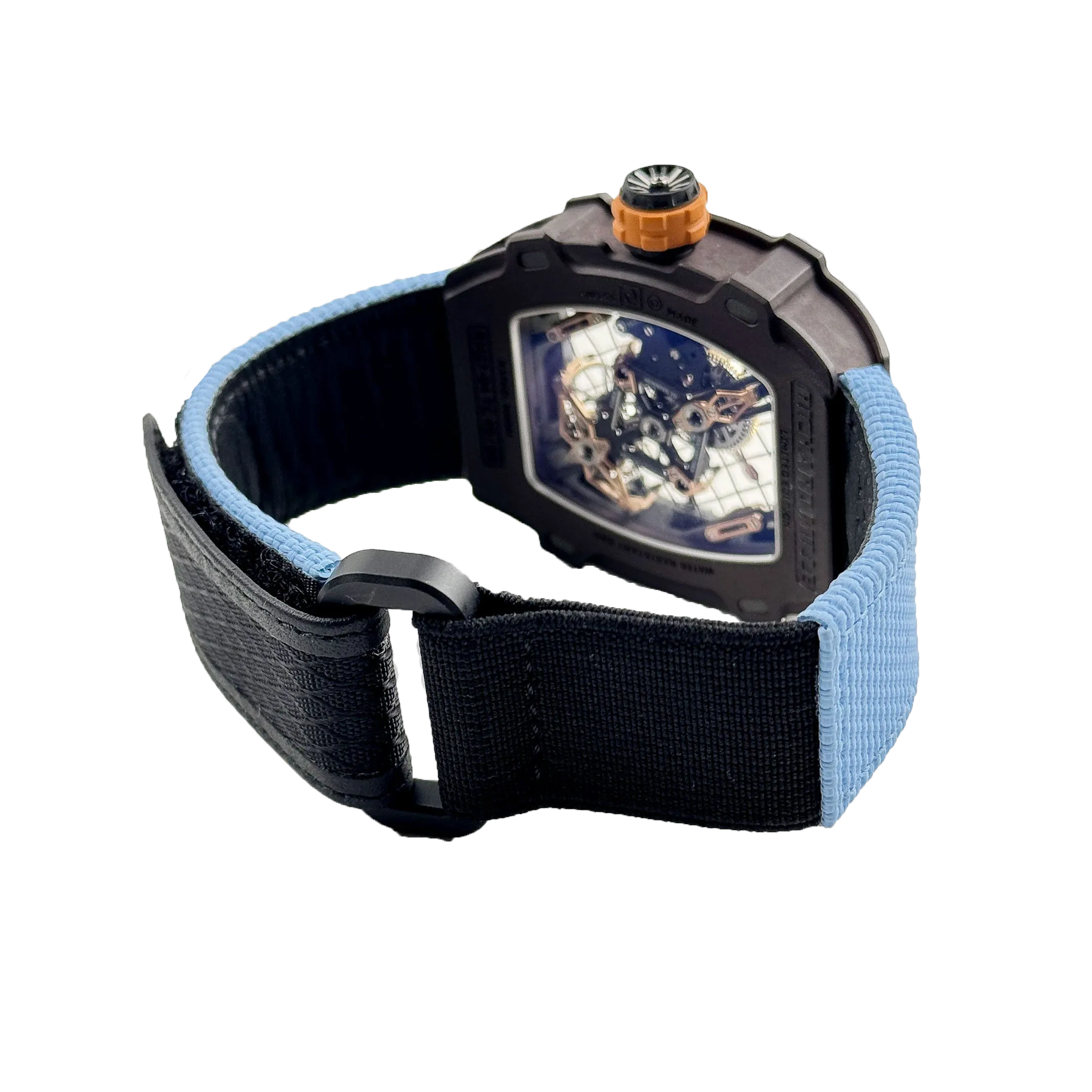 Richard Mille RM 27-04 Replica, Brown Carbon Case Skeleton Grid Dial Blue Nylon Strap Luxury Sports Wristwatch Clasp