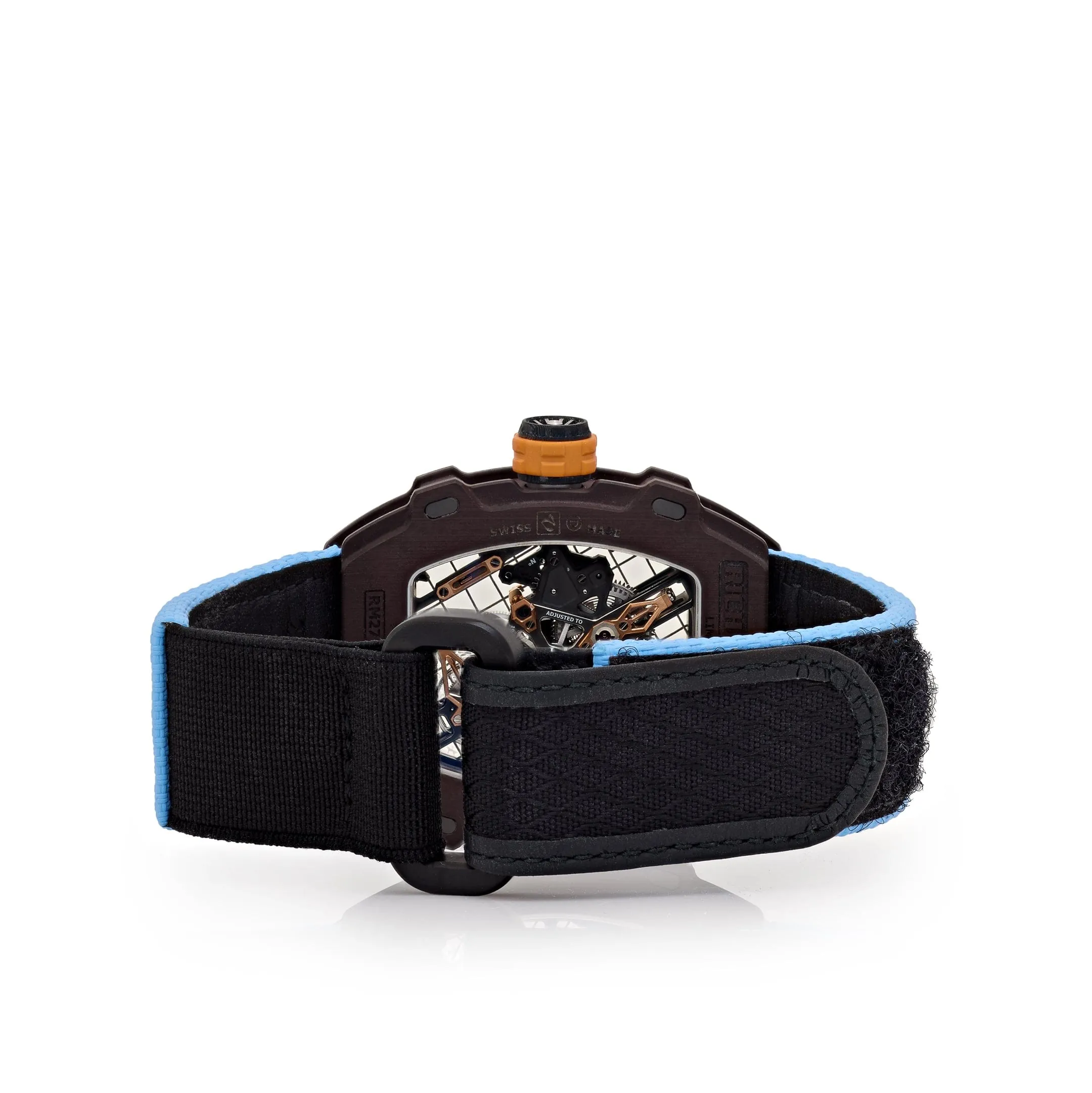Richard Mille RM 27-04 Replica, Brown Carbon Case Skeleton Grid Dial Blue Nylon Strap Luxury Sports Wristwatch Back View