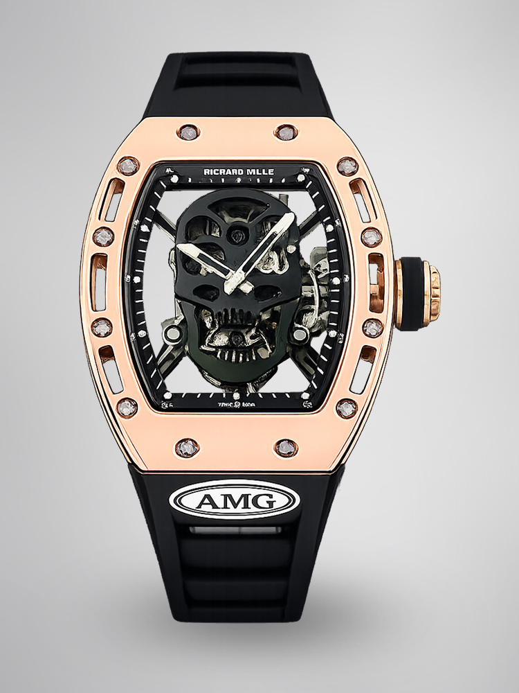 Richard Mille RM052 Collection RM052 Black Skull Dial with Rose Gold Case and Black Strap Front Display View