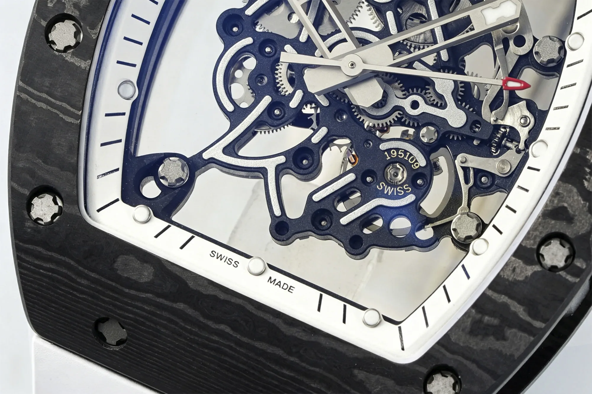 Richard Mille RM055 Carbon Fiber White Rubber Strap Skeleton Movement Close-Up Detail View Titanium Case Watch