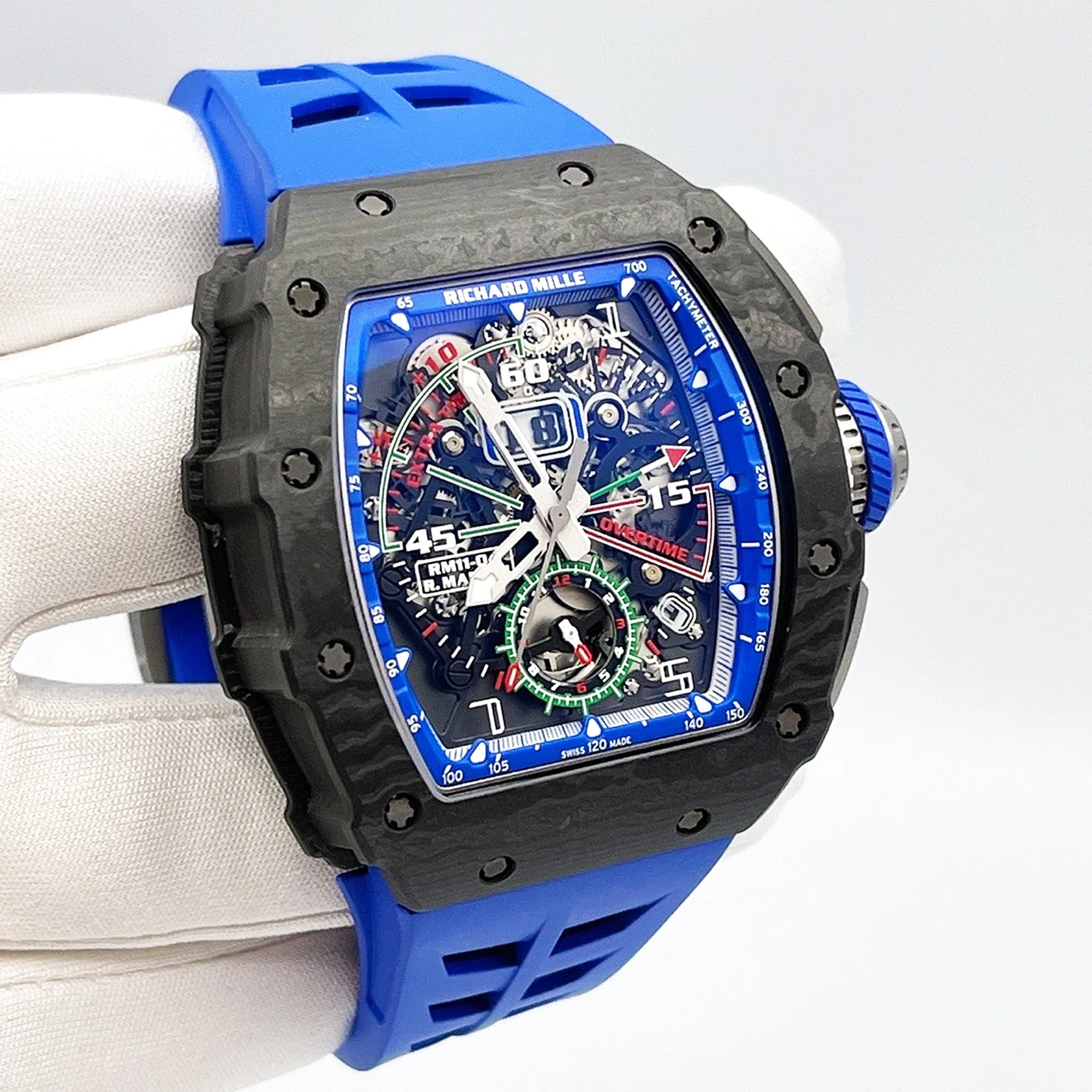 Richard Mille RM 11-04 Replica Skeleton Dial Blue Rubber Strap Luxury Sports Watch Side View