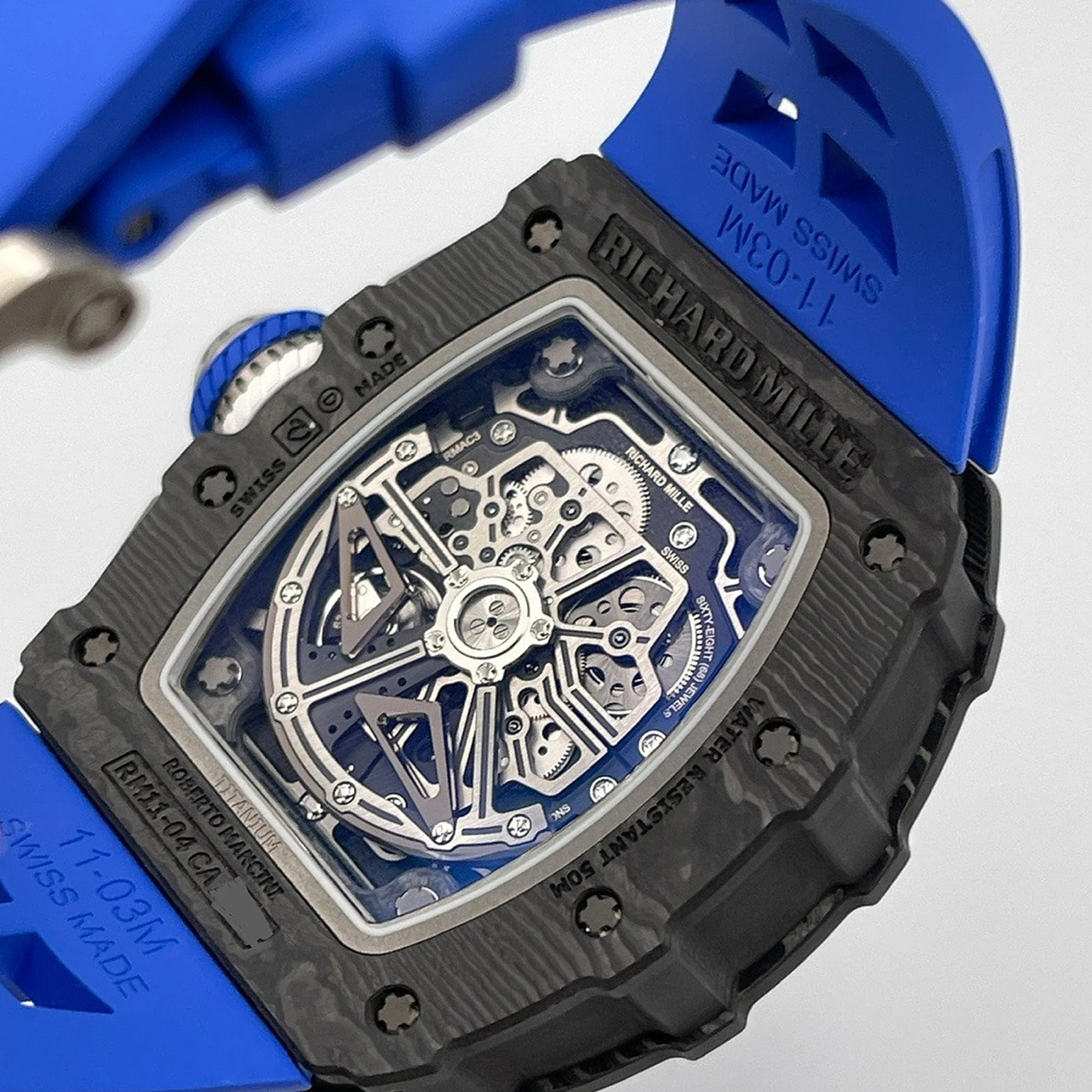 Richard Mille RM 11-04 Replica Skeleton Dial Blue Rubber Strap Luxury Sports Watch Back View